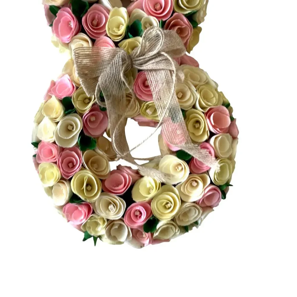 Bunny Shaped Wood Curl Floral Wreath 24in Pink & Yellow Easter Spring Decor NEW